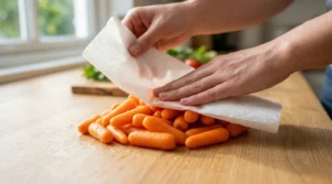 Two hands using a white paper towel to pat dry a pile of bright orange baby carrots on a wooden kitchen counter.