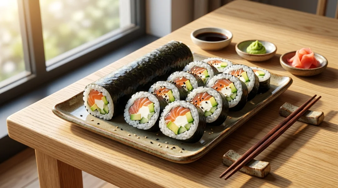 Philadelphia roll recipe hero platter featuring sliced sushi rolls with smoked salmon, cream cheese, and avocado alongside an unsliced roll and condiments.