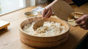 Shrimp tempura roll recipe step showing a person using a wooden paddle and fan to mix vinegar into steamed rice inside a large wooden bowl.