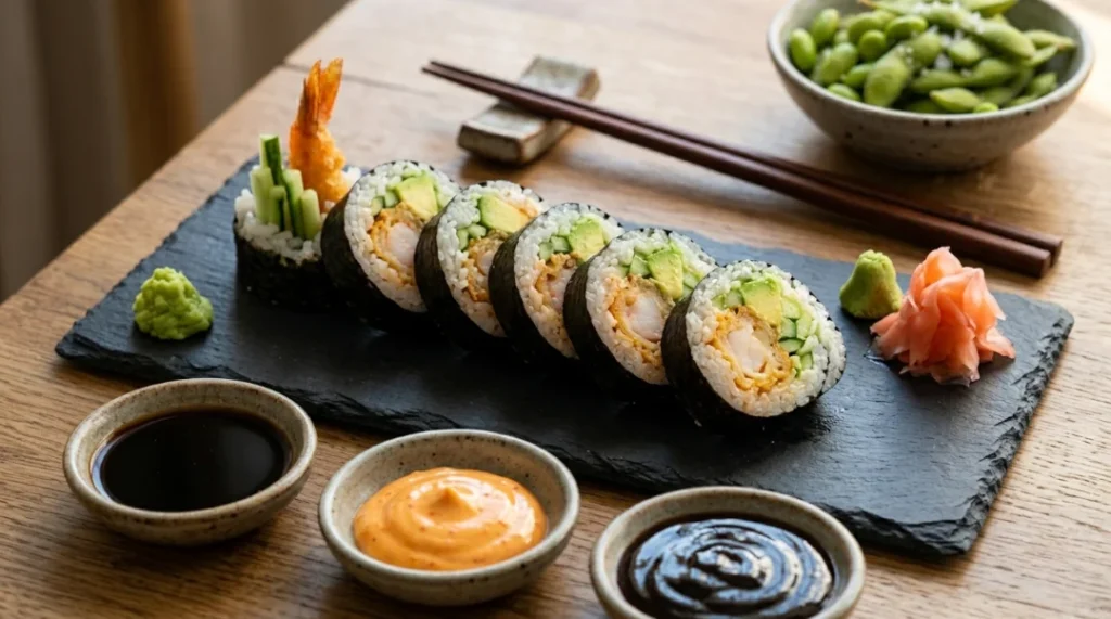 Shrimp tempura roll recipe serving platter featuring sushi rolls, edamame, soy sauce, spicy mayo, and unagi sauce on a wooden table.