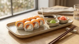 Philadelphia roll recipe final plating on a light ceramic tray with wasabi, ginger, and soy sauce beside a window.