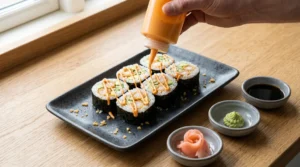 Shrimp tempura roll recipe final plating showing a hand drizzling orange spicy mayo over sushi pieces on a black plate with soy sauce, wasabi, and ginger.