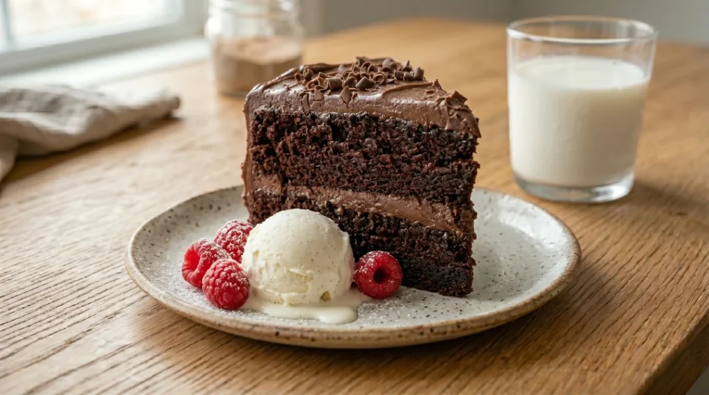 Chocolate fudge cake recipe slice served on a speckled plate with a scoop of vanilla ice cream, fresh raspberries, and a glass of milk.