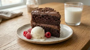 Chocolate fudge cake recipe slice served on a speckled plate with a scoop of vanilla ice cream, fresh raspberries, and a glass of milk.