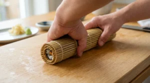 Philadelphia roll recipe step showing hands squeezing a bamboo mat firmly to tighten and shape the finished sushi roll on a wooden board.