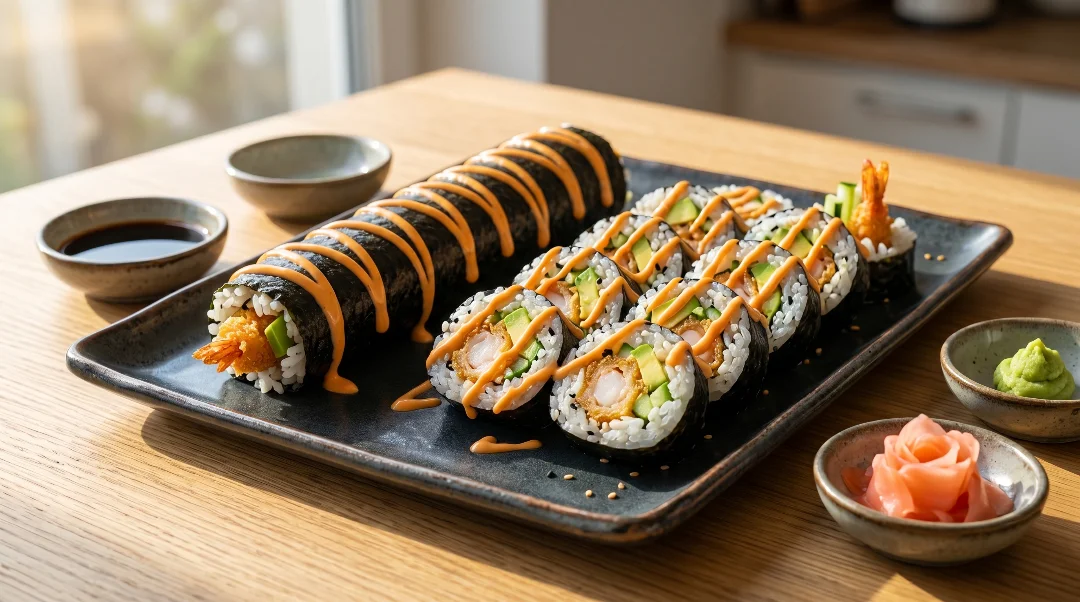 Shrimp tempura roll recipe platter showing sliced sushi rolls with spicy mayo drizzle, an unsliced roll, soy sauce, wasabi, and pickled ginger.