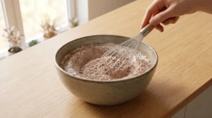 Red velvet cake recipe dry ingredients step showing a hand holding a sieve with clumpy cocoa over a medium bowl of flour and leaveners.