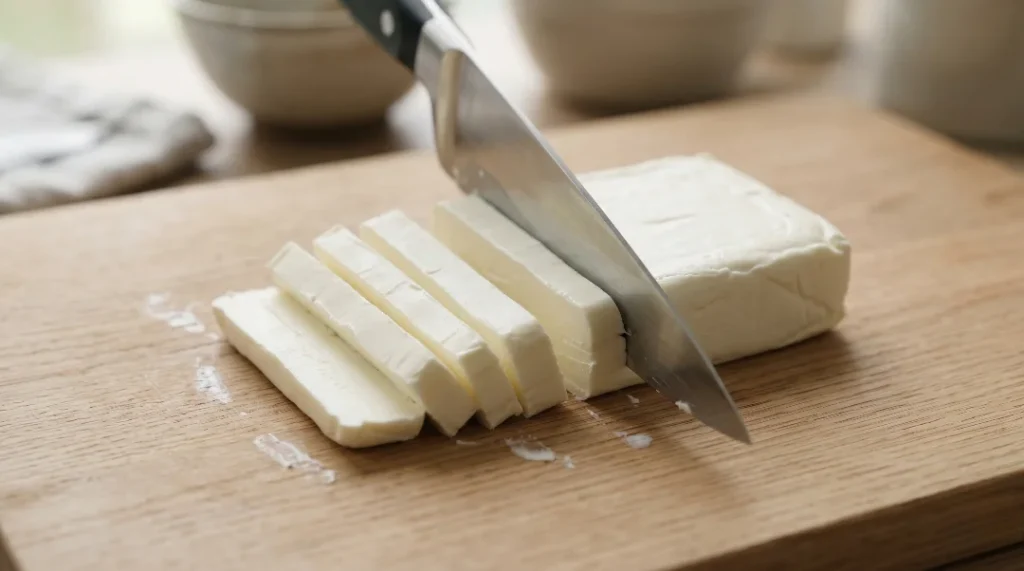 Philadelphia roll recipe step showing a block of cream cheese being sliced into long, even strips on a wooden cutting board with a chef's knife.
