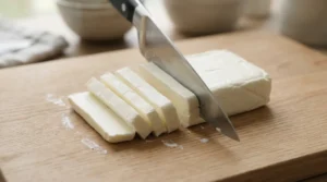 Philadelphia roll recipe step showing a block of cream cheese being sliced into long, even strips on a wooden cutting board with a chef's knife.