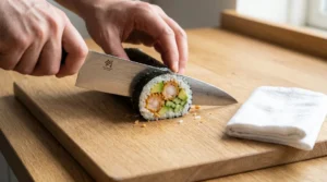 Shrimp tempura roll recipe technique showing a sharp chef knife slicing through a sushi roll on a wooden board with a damp white cloth nearby.