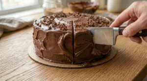 Chocolate fudge cake recipe step showing a hand slicing a frosted layer cake topped with chocolate shavings using a large knife.