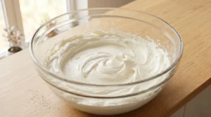 Red velvet cake recipe frosting step showing perfectly smooth, beaten cream cheese in a large glass bowl on a wooden counter.