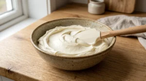 No bake tiramisu cups step showing a beige bowl filled with smooth, lump-free mascarpone cheese being stirred with a silicone spatula on a wooden counter.