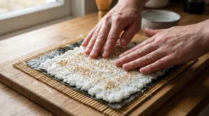 Shrimp tempura roll recipe step showing wet hands spreading a thin, even layer of sushi rice onto a nori sheet and sprinkling toasted sesame seeds on top.