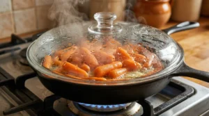 Bright orange baby carrots steaming inside a black cast-iron skillet covered with a clear glass lid on a gas stove.