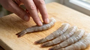 Shrimp tempura roll recipe step showing a hand firmly pressing down on the back of a raw shrimp on a wooden board to straighten it.