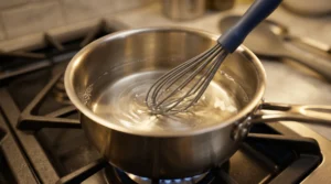 Shrimp tempura roll recipe step showing a whisk gently stirring rice vinegar, sugar, and salt in a small stainless steel saucepan over a stove.