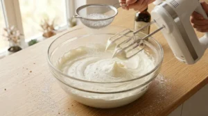 Red velvet cake recipe frosting step showing sifted powdered sugar being added to whipped cream cheese and butter in a large glass bowl using a hand mixer.