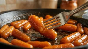 A silver fork piercing a tender, shiny orange baby carrot in a skillet of thick brown sugar and honey glaze.