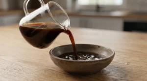 No bake tiramisu cups preparation showing dark espresso being poured from a clear glass pitcher into a shallow rustic bowl on a wooden kitchen counter.