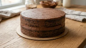 Chocolate fudge cake recipe step showing a two-layer chocolate cake with a thin crumb coat of frosting on a wooden table to seal in crumbs.