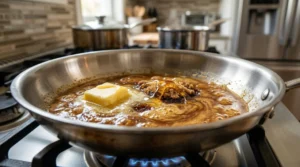 A stainless steel skillet on a gas stove melting a block of butter with bubbling honey and brown sugar.