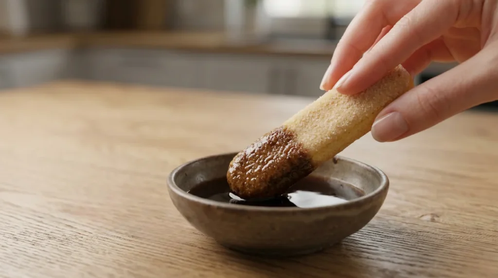 No bake tiramisu cups step showing a hand briefly dipping a sugar-coated ladyfinger cookie into a shallow bowl of dark espresso on a wooden table.
