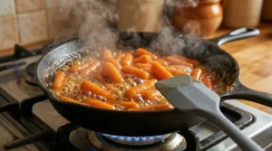 Bubbling golden honey and butter glaze thickening around orange baby carrots in a black skillet with steam rising.