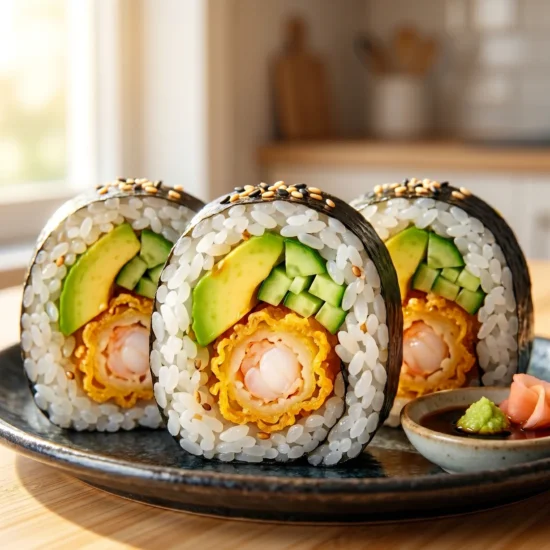Homemade Shrimp Tempura Roll recipe hero shot featuring three pieces of sushi filled with crispy tempura shrimp, avocado, and cucumber on a sunlit wooden board.