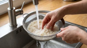 Shrimp tempura roll recipe step showing hands washing short-grain sushi rice in a metal strainer under cold running tap water.