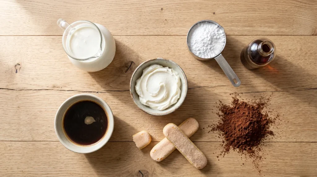 No bake tiramisu cups ingredients flat-lay on a wooden table featuring heavy cream, mascarpone, ladyfingers, coffee, cocoa powder, sugar, and vanilla extract.