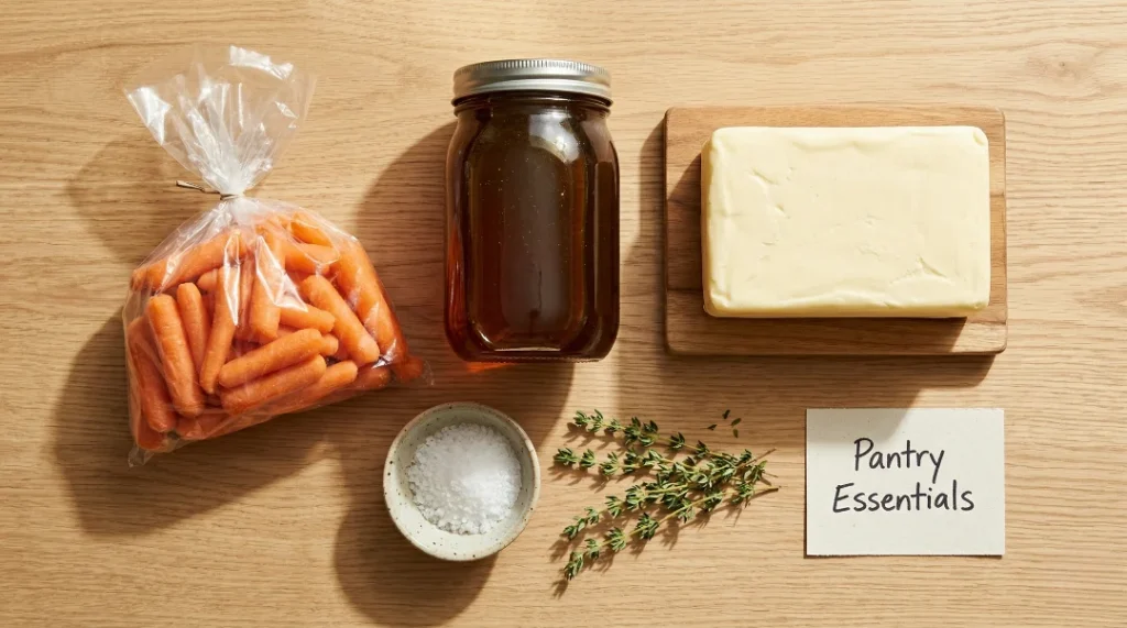Flat-lay of ingredients for the best honey glazed carrots recipe including a bag of baby carrots, honey jar, butter, and fresh herbs on a wood table.