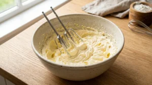 Chocolate fudge cake recipe step showing pale, fluffy beaten butter in a rustic ceramic bowl with electric mixer beaters.