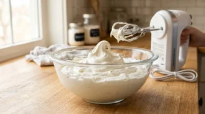 No bake tiramisu cups preparation showing thick, fluffy whipped cream with soft peaks in a clear glass bowl next to a hand mixer on a wooden kitchen counter.