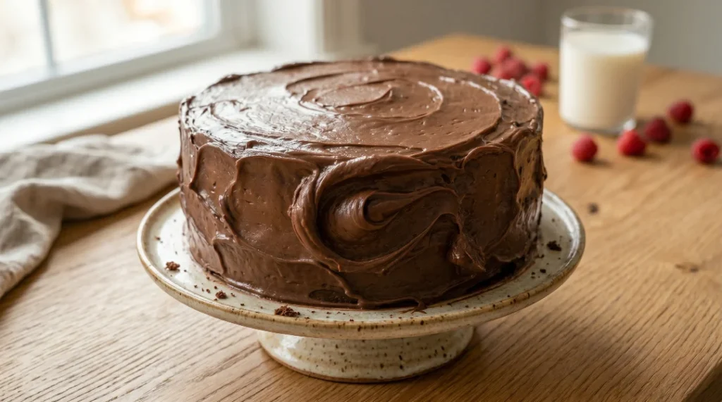 Chocolate fudge cake recipe whole cake with thick, rustic frosting swirls on a ceramic pedestal stand with raspberries and milk.