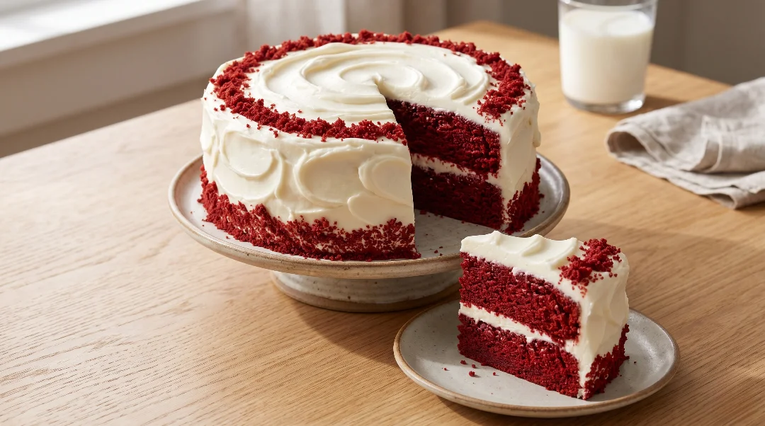 Red velvet cake recipe whole layer cake with a slice cut out, decorated with rustic cream cheese frosting swirls and red crumbs on a wooden table.