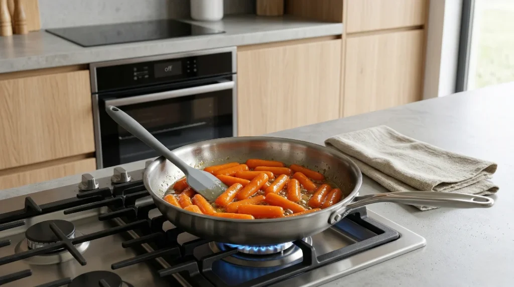 A stainless steel skillet on a modern gas stove showing the honey glazed carrots recipe being stirred with a grey spatula for perfect caramelization.