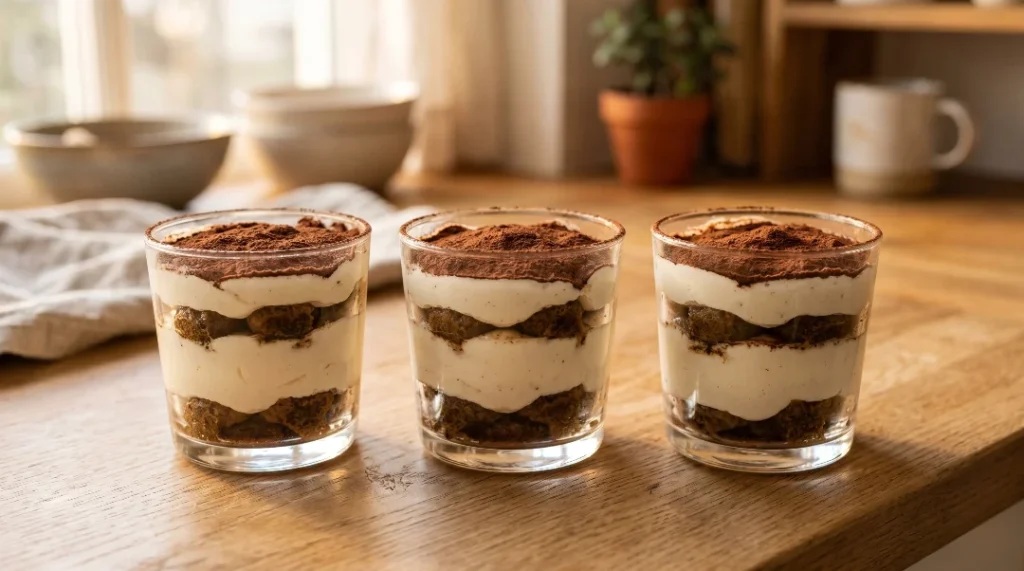 No bake tiramisu cups displayed in a row on a wooden counter, showing beautiful layers of cream and coffee-soaked biscuits in a warm, sunlit kitchen.