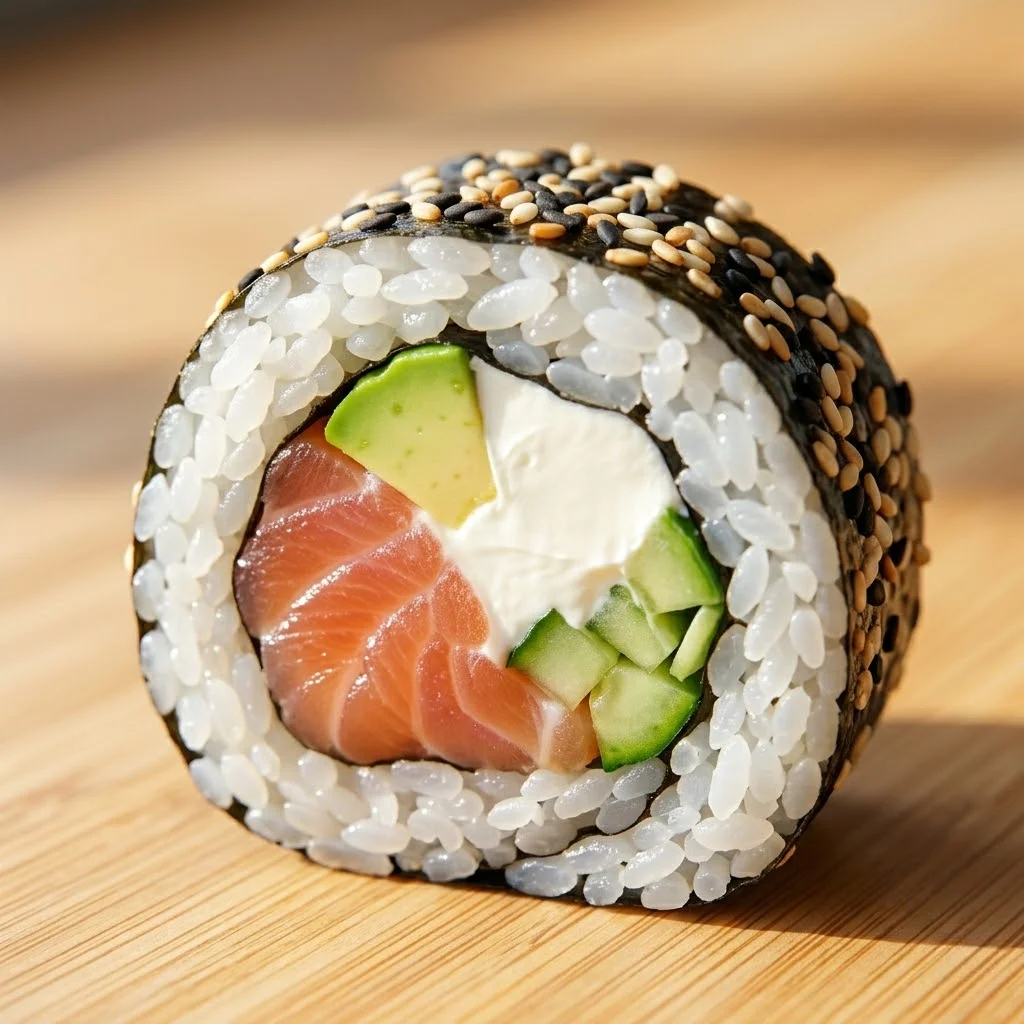 Philadelphia roll recipe macro shot highlighting the fresh salmon, cream cheese, avocado, and sesame seeds on a sunlit wooden board.