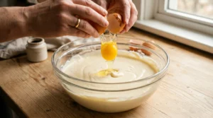 No crack new york cheesecake batter step showing a baker's hands cracking a fresh egg into a large glass bowl of creamy batter.