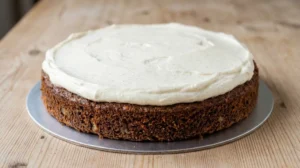 Carrot cake with cream cheese frosting assembly step showing a thick layer of vanilla bean frosting spread on a flat cake layer resting on an oak table.
