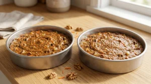 Classic carrot cake recipe baking step showing thick dense batter divided evenly into two 9-inch metal cake pans on a wooden counter.