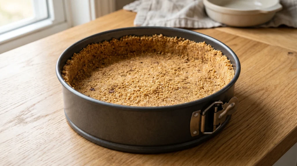 Easy no bake mango cheesecake graham cracker crust pressed evenly into a springform pan on a light oak wood table.