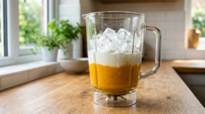 Mango lassi with yogurt layered ingredients including puree and ice in a clear blender on a light oak wood counter.