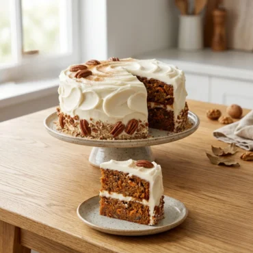 Carrot cake recipe ultimate cover shot showing a fully decorated cake on a ceramic stand with a perfect slice on a plate over a light oak wood table.