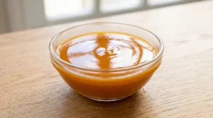 Easy mango ice cream recipe chill step showing thick reduced orange mango puree in a clear glass bowl on a light oak table.