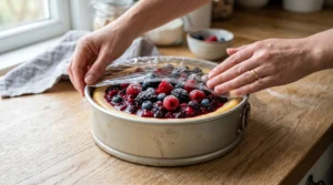 Homemade new york cheesecake chilling step showing hands loosely covering a fresh berry-topped cheesecake in a springform pan with plastic wrap.