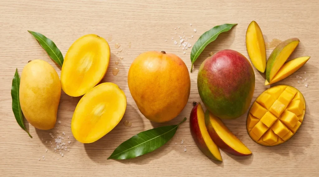 Creamy mango ice cream ingredient guide showing different whole, halved, and scored fresh mango varieties on a light oak wood table.