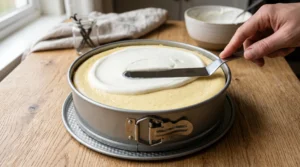 Bakery style new york cheesecake topping step showing a baker's hand using an offset spatula to spread a smooth white sour cream layer over a baked cake.