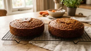 Carrot cake with cream cheese frosting cooling step showing two freshly baked round cakes resting on a black wire rack over a light oak wood table.